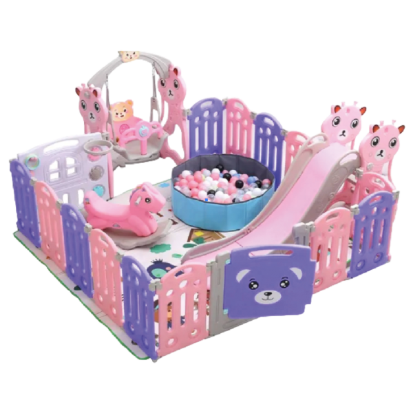 Corral parque Plegable bebes niños con slide, valla oscilante y colchoneta, caballo balancín, resbaladera, piscina pelotas,columpio, 187x 194 centimetro